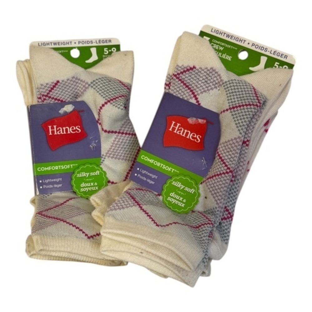 Hanes Womens Socks 2 Packs of 3 Crew Socks Size 5-9 Pink White Super Soft